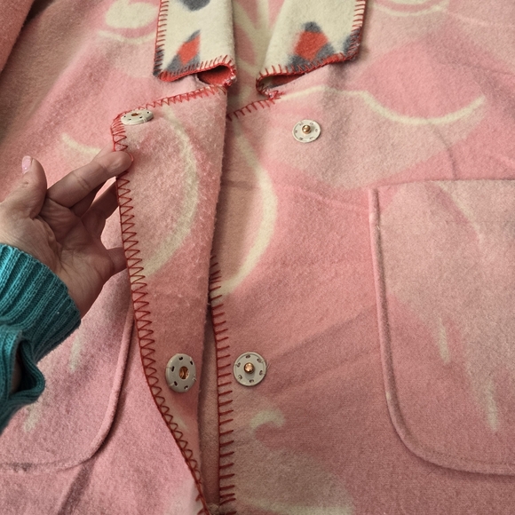 Anthropologie Heidi Kimono Jacket Soft Wool Front Patch Pockets Pink Ivory Motif - Picture 10 of 16